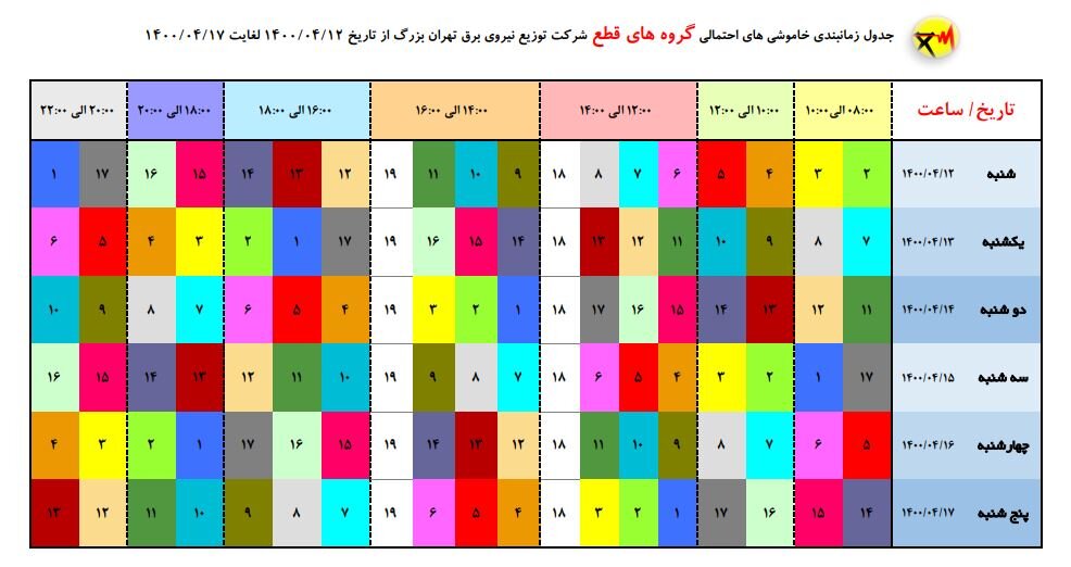 جدول قطعی برق تهران؛ دوشنبه 14 تیر 1400
