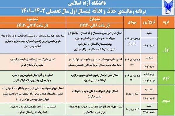 برنامه زمان‌بندی تکمیلی انتخاب واحد و حذف و اضافه دانشگاه آزاد اسلامی اعلام شد
