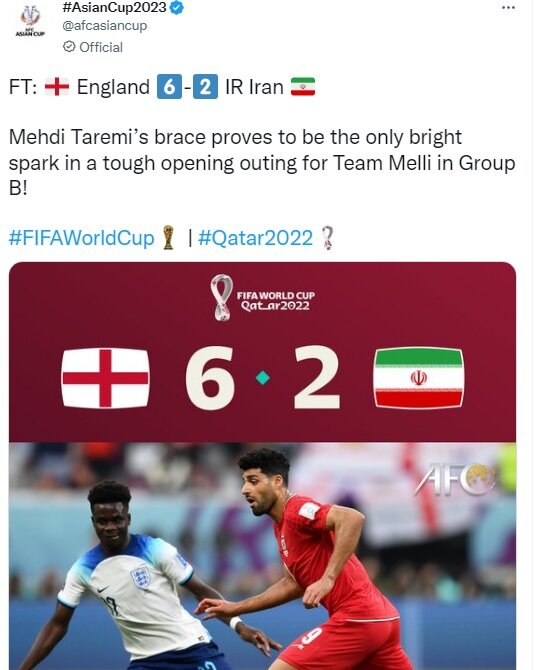 واکنش  کنفدراسیون فوتبال آسیا و فیفا به باخت ایران مقابل انگلیس
