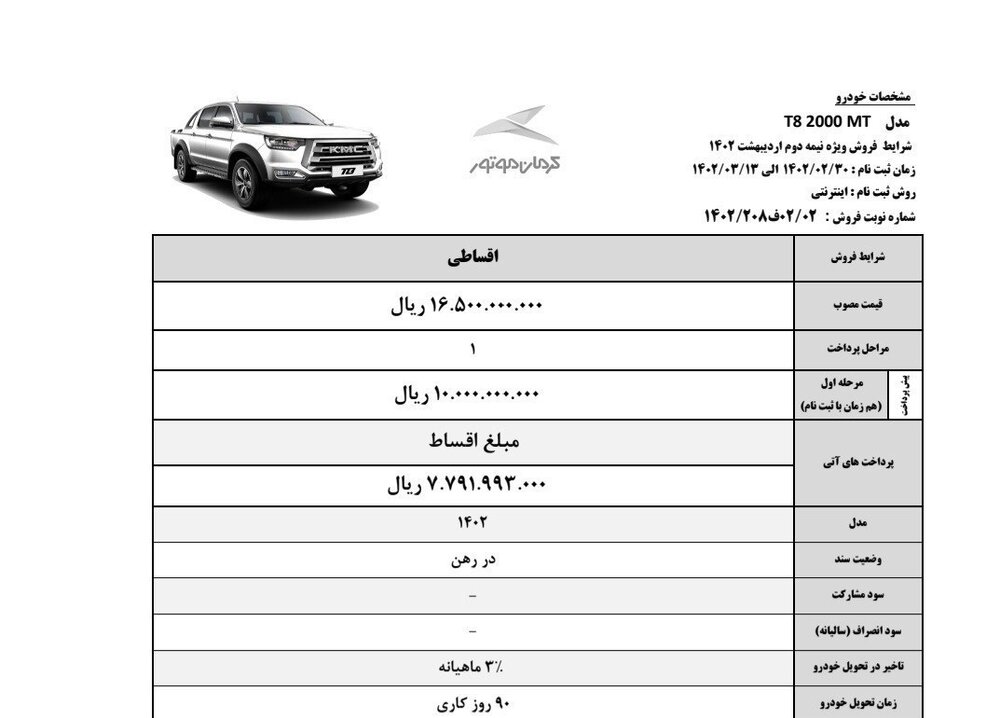 عرضه یکی از محصولات کرمان موتور خارج از سامانه یکپارچه فروش خودرو