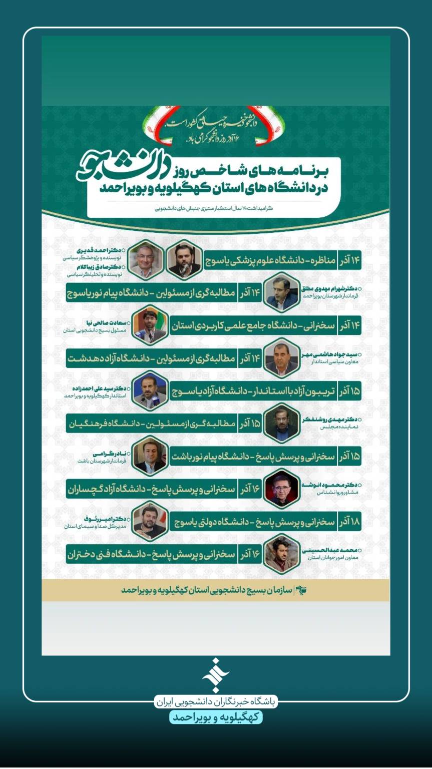 ویژه برنامههای روز دانشجو در دانشگاههای استان کهگیلویه و بویراحمد اعلام شد