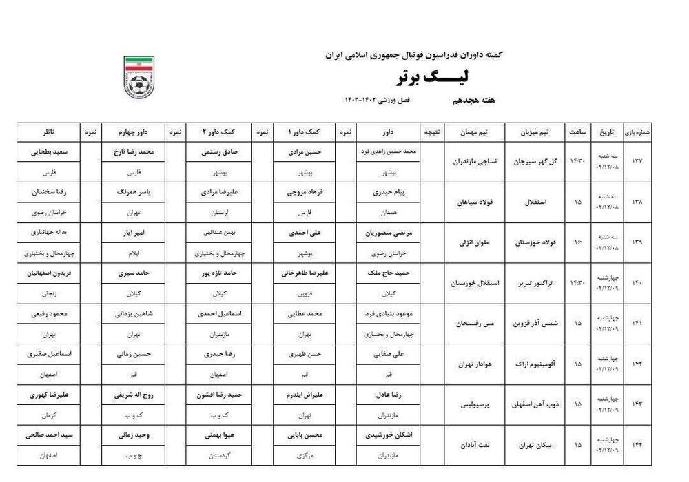 اعلام اسامی داوران هفته هجدهم لیگ برتر فوتبال