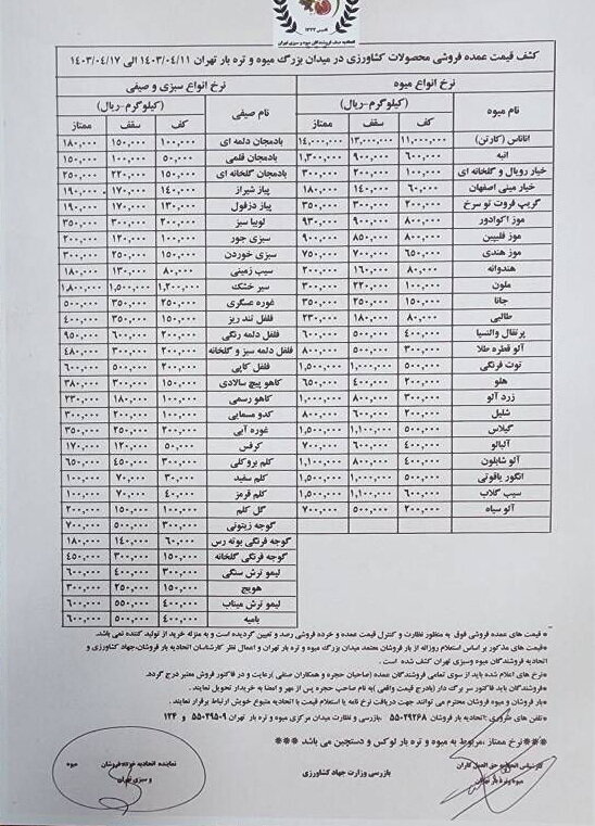 قیمت میوه و سبزیجات سهشنبه ۱۲ تیر ۱۴۰۳