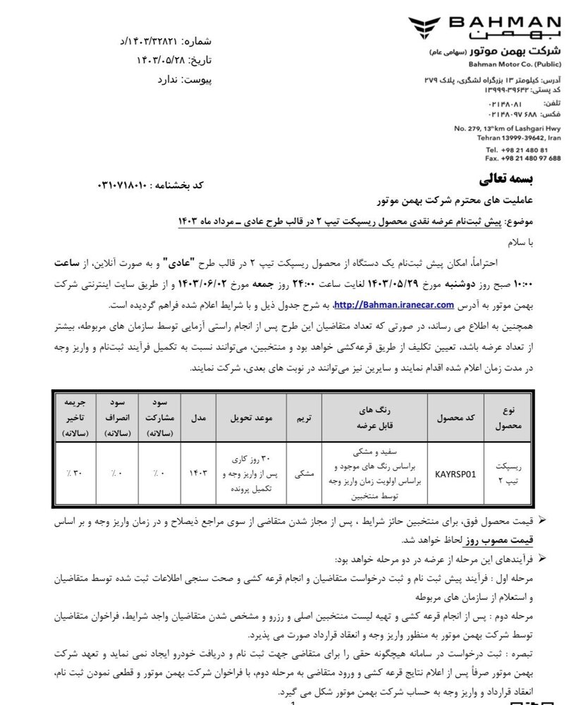 آغاز فروش خودرو رسپکت برای متقاضیان عادی