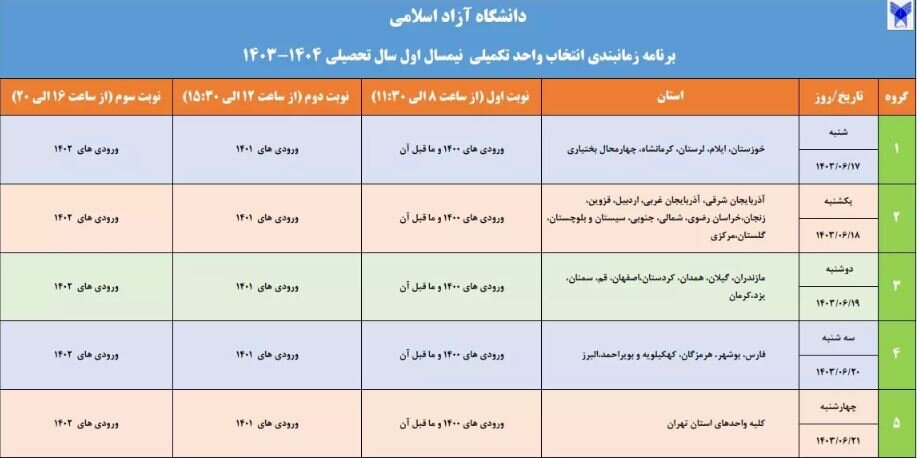 جزئیات انتخاب واحد تکمیلی نیمسال اول سال تحصیلی 1404 ـ 1403 دانشگاه آزاد اعلام شد