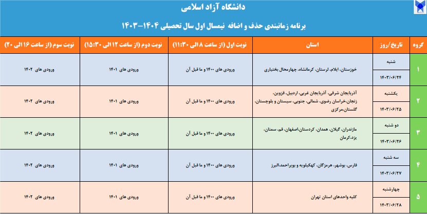 برنامه زمان‌بندی حذف و اضافه نیمسال اول سال تحصیلی ۱۴۰۴-۱۴۰۳ دانشگاه آزاد اسلامی اعلام شد