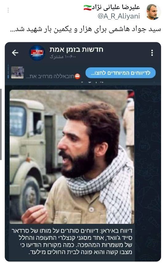 وقتی شهادت دست از سر سیدجواد هاشمی برنمیدارد/ هاشمی: فعلا دچار بدن درد شدید از شهادت خودم توسط اسرائیل هستم