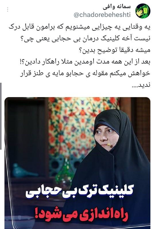 «کلینیک ترک بیحجابی» برای مردم یادآور کلینیکهای ترک اعتیاد است/ تک فلاح: نبود پیوست رسانهای هر طرحی با مشکلاتی مواجه شود