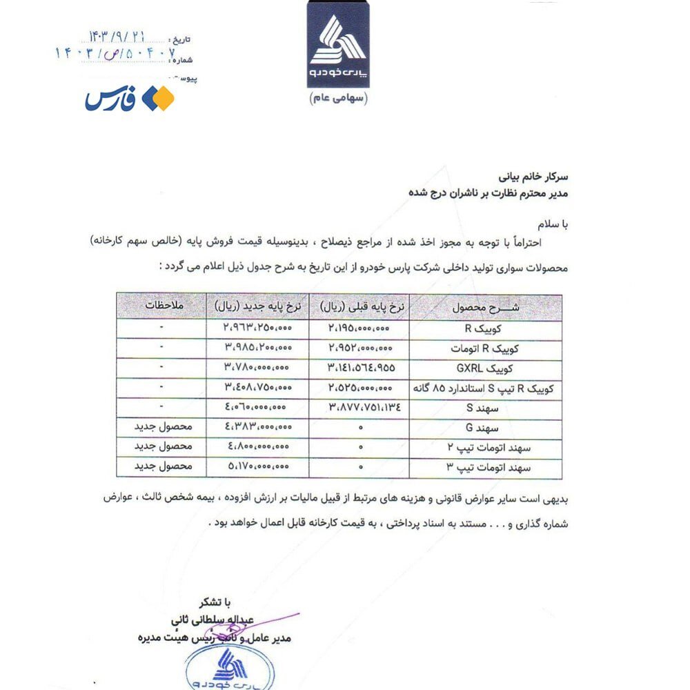 قیمت محصولات پارسخودرو افزایش یافت + جدول