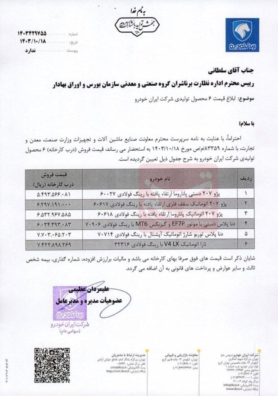 قیمت جدید ۶ محصول ایران خودرو اعلام شد + جدول