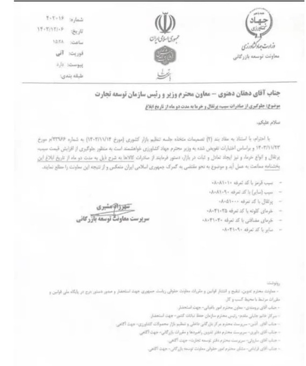 ممنوعیت صادرات سیب، پرتقال و خرما