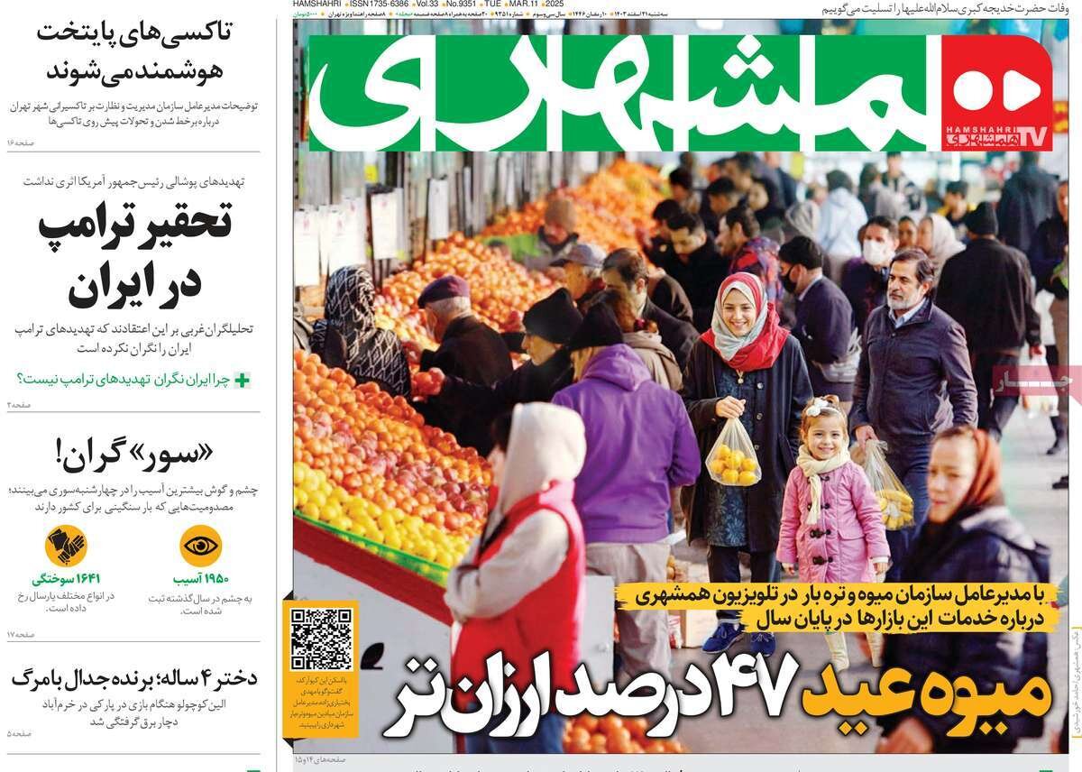 صفحه اول روزنامه‌های سه‌شنبه ۲۱ اسفند ۱۴۰۳