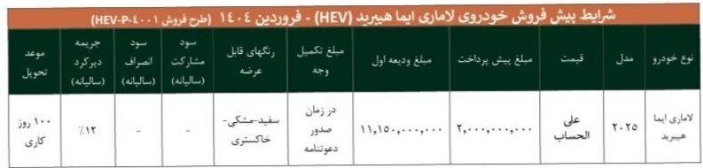 شرایط جدید فروش لاماری ایما هیبرید ویژه فروردین ۱۴۰۴
