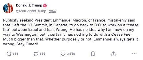 ترامپ: برای چیزی بزرگتر از آتشبس، اجلاس گروه ۷ را ترک کردم