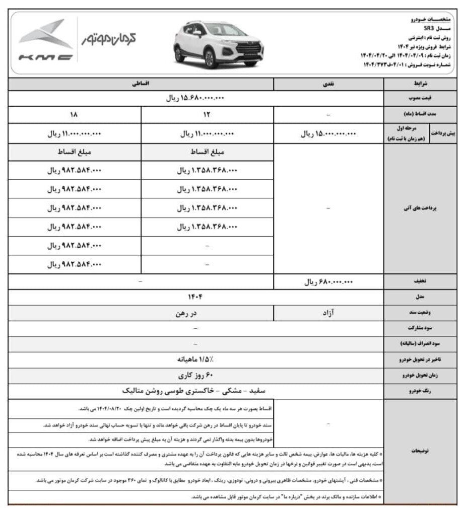 فروش خودرو جدید کی ام سی SR۳ کرمان موتور + جزئیات