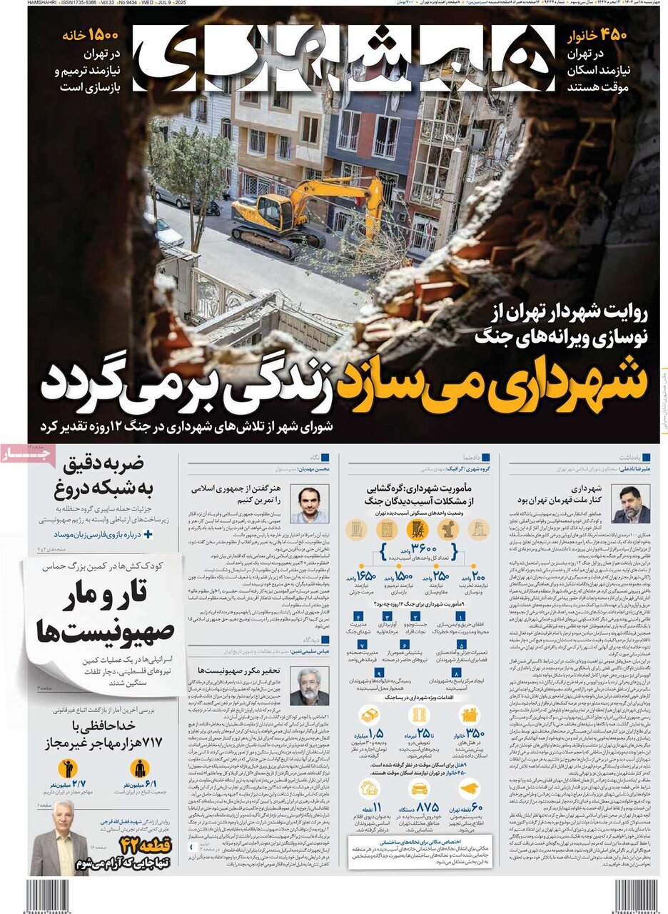 صفحه اول روزنامه‌های چهارشنبه ۱۸ تیر ۱۴۰۴