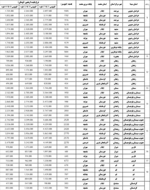نرخ بلیتهای اتوبوس اربعین اعلام شد