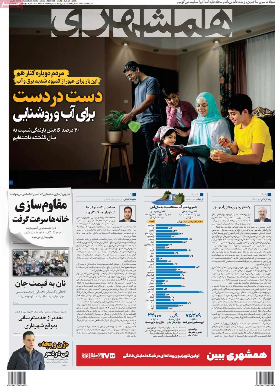 صفحه اول روزنامه‌های دوشنبه ۳۰ تیر ۱۴۰۴