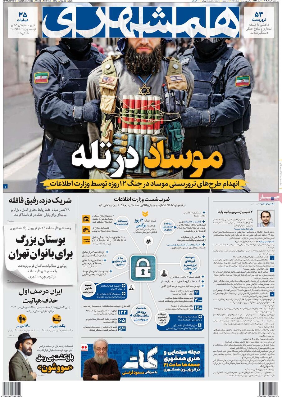 صفحه اول روزنامه‌های سه‌شنبه ۷ مرداد ۱۴۰۴