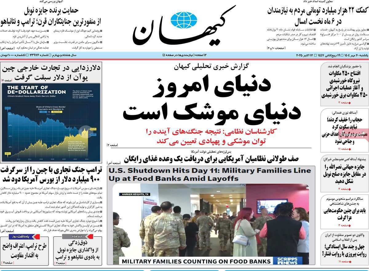 صفحه اول روزنامه‌های یکشنبه ۲۰ مهر ۱۴۰۴