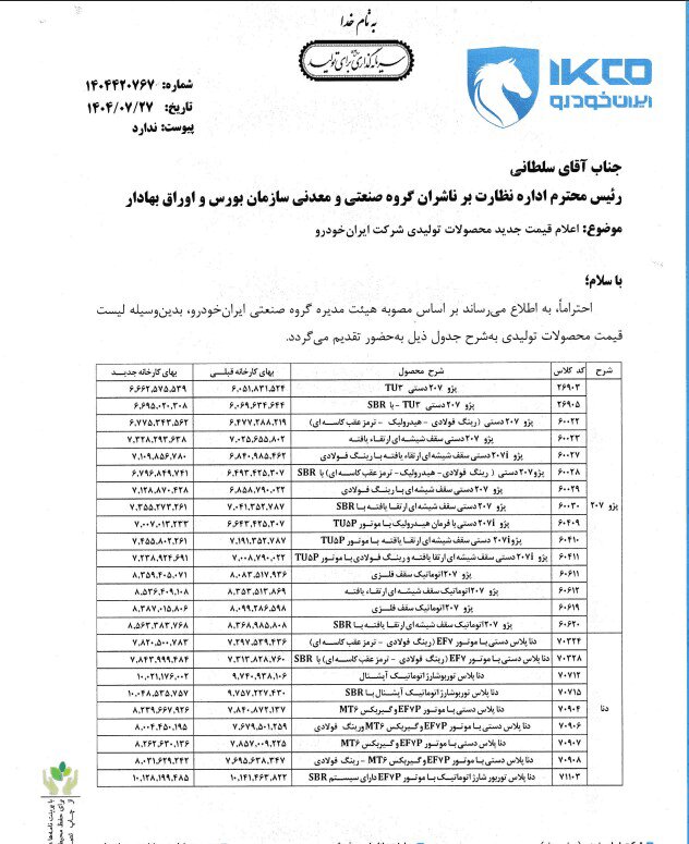 قیمت جدید محصولات ایران خودرو اعلام شد + جدول