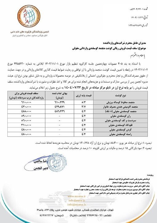 قیمت گوشت‌ منجمد وارداتی اعلام شد