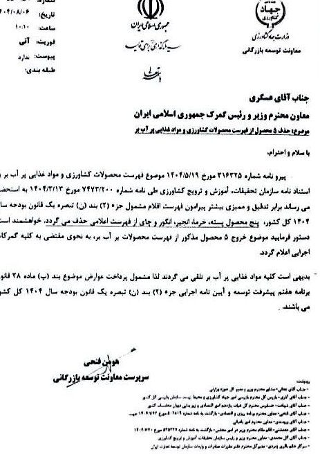 حذف ۵ محصول کشاورزی از فهرست عوارض آب مجازی