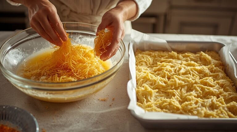 آموزش شیرینی پزی / طرز تهیه کنافه عربی دسر شیرینی با پنیر و شربت