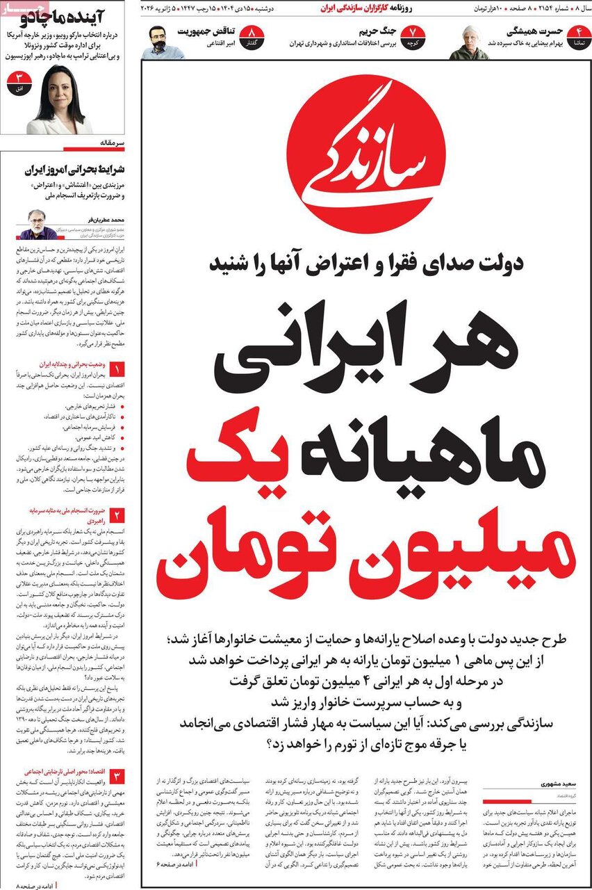 صفحه اول روزنامه‌های دوشنبه ۱۵ دی ۱۴۰۴