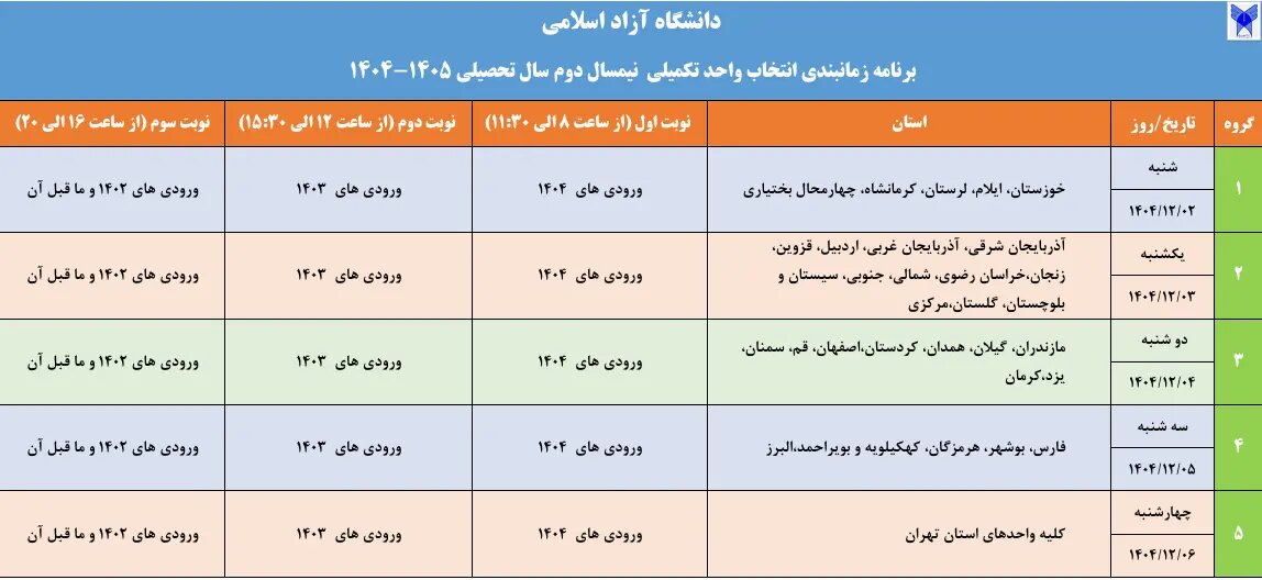 برنامه زمانبندی انتخاب واحد تکمیلی دانشگاه آزاد اعلام شد