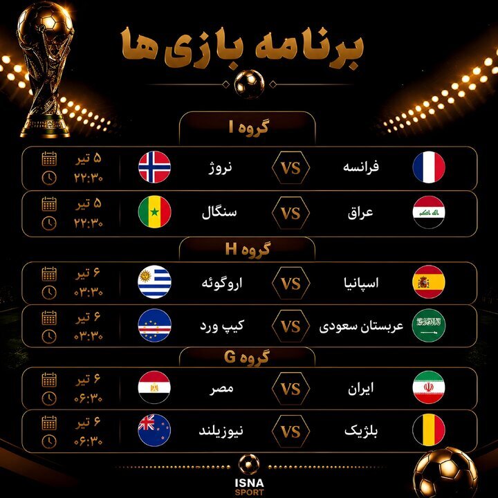 برنامه بازیهای امشب جام جهانی / یوزها مقابل فراعنه