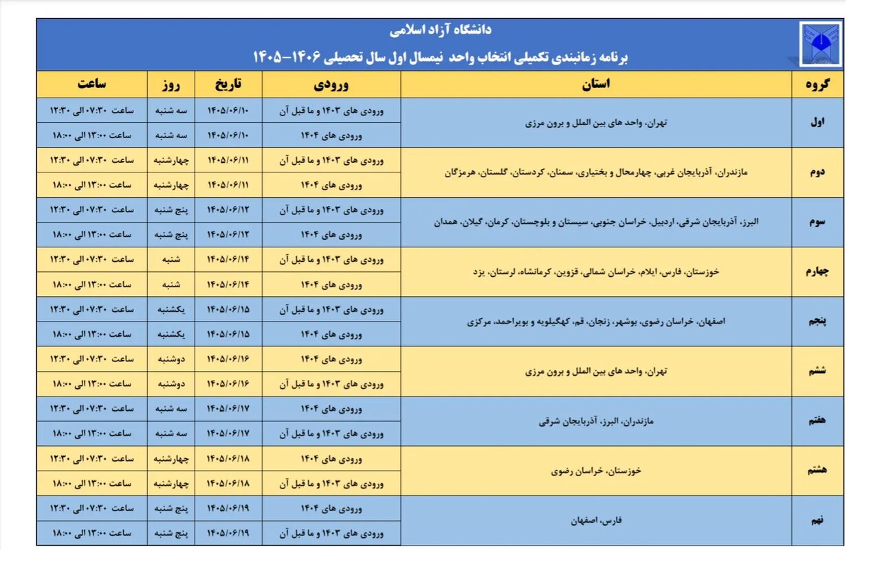 زمان‌بندی تکمیلی انتخاب واحد نیم سال اول تحصیلی دانشگاه آزاد اعلام شد