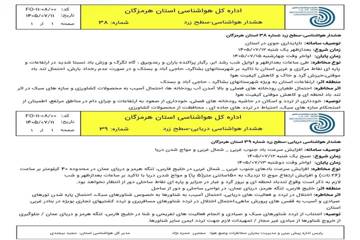 احتمال رگبار، تگرگ و مواج شدن دریا در هرمزگان