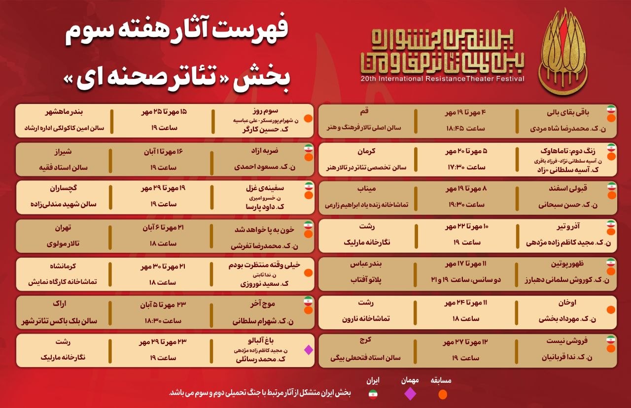 جدول آثار هفته سوم بخش «تئاتر صحنهای» جشنواره بینالمللی تئاتر مقاومت منتشر شد