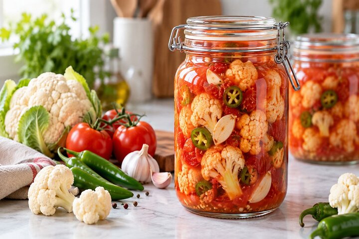 آموزش آشپزی / طرز تهیه ترشی گل کلم با آب گوجه‌فرنگی