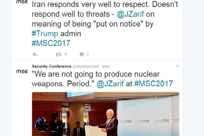  نظر ظریف درباره "پاسخ ایران به تهدیدات" در توییتر کنفرانس امنیتی مونیخ