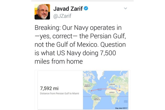 ظریف: نیروی دریایی آمریکا ۷۵۰۰ مایل دور از خانه خود چه می کند؟